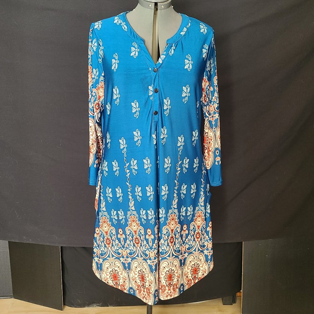 Blue Tunic Dress With Paisley Design Trim By R & B Collection - Size XL